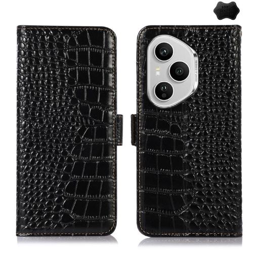 For Honor 400 Pro Global Crocodile Cowhide Leather Phone Case Black - 1