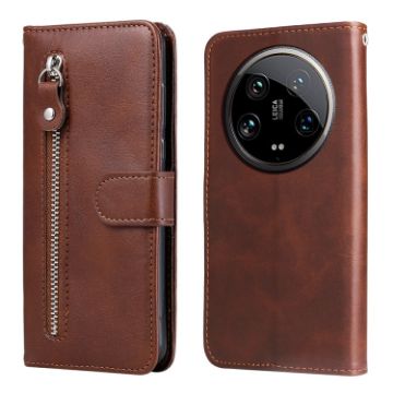Xiaomi 14 Ultra Brown Calf Texture Zipper Leather Phone Case - 1
