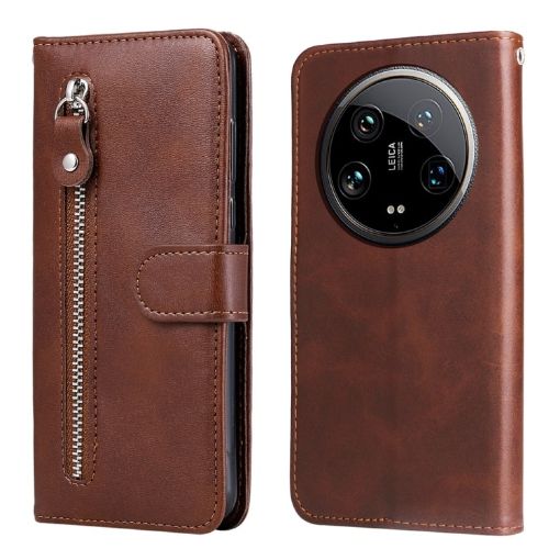 Xiaomi 14 Ultra Brown Calf Texture Zipper Leather Phone Case - 1
