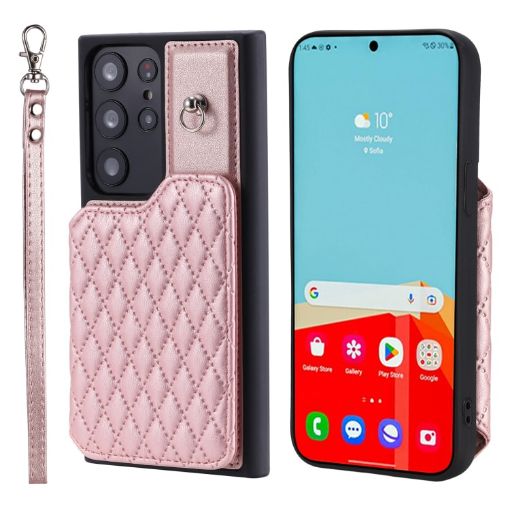 Samsung Galaxy S23 Ultra 5G Rose Gold Grid Texture Case with Lanyard - 1