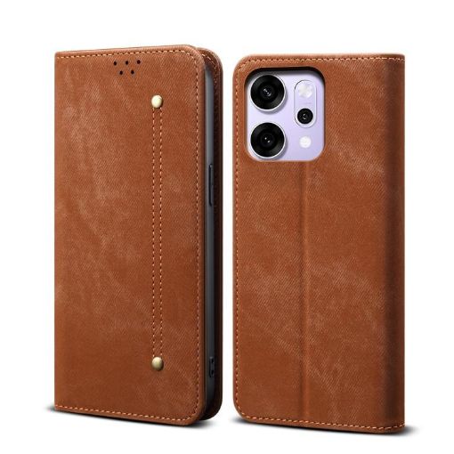 OPPO Reno14 5G Brown Denim Texture Flip Leather Case - Global Style - 1