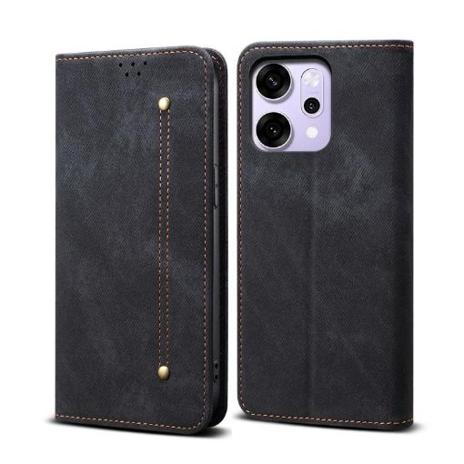 OPPO Reno14 5G Global Denim Texture Flip Leather Case - Black - 1