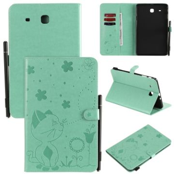 Samsung Galaxy Tab E9.6 T560 Green Cat Bee Embossed Leather Case - 1