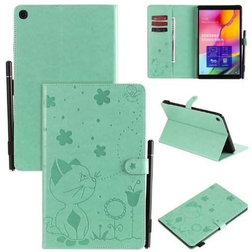 Samsung Galaxy Tab A9.7 T550 Green Cat Bee Embossed Leather Case - 1
