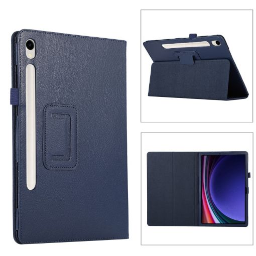 Samsung Galaxy Tab S9 Dark Blue Litchi Texture Leather Case with Holder - 1