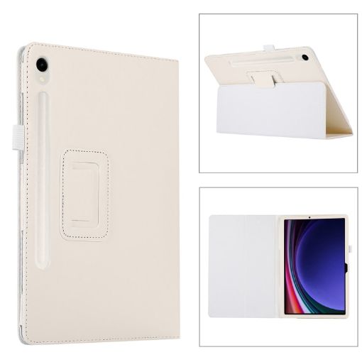 Samsung Galaxy Tab S9 Litchi Texture Leather Case with Holder - White - 1