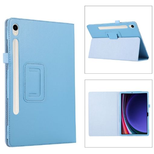 Samsung Galaxy Tab S9 Sky Blue Litchi Leather Case with Holder - 1