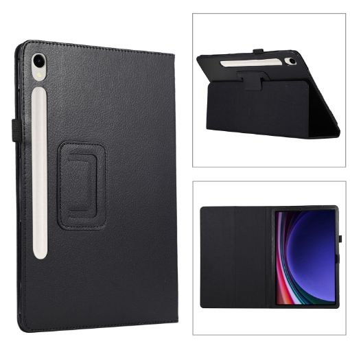 Samsung Galaxy Tab S9 Ultra Litchi Leather Case with Holder - Black - 1