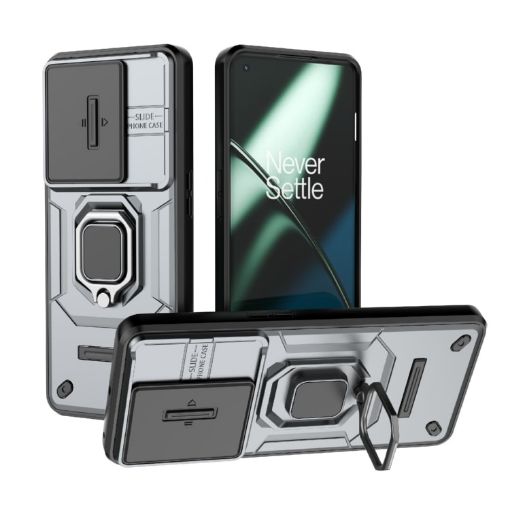 OnePlus 11 5G Grey Shockproof Case with Holder - Sliding Camshield TPU+PC - 1