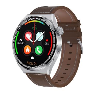 HDT MAX 1.60" Silver Dial Leather Band IP68 Waterproof Smart Watch Brown - 1