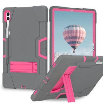 Samsung Galaxy Tab S9+ Silicone PC Case with Holder - Grey/Rose Red - 1