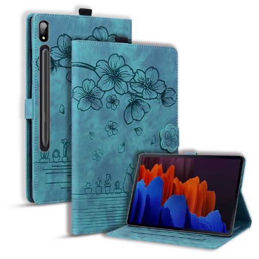 Samsung Galaxy Tab S9+/S8+/S7+ Green Sakura Cat Leather Case - 1