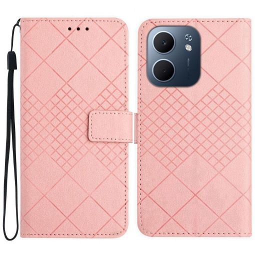 OPPO A5x 4G/5G Global Pink Leather Phone Case Rhombic Grid Texture - 1