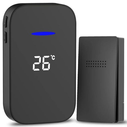 Wireless Doorbell with Temperature Display & Remote Control, US Plug, Black - 1