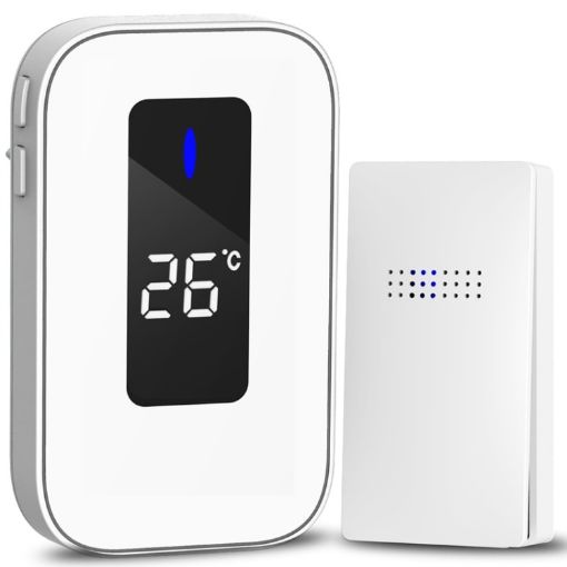 Wireless Doorbell with Temperature Display & Elderly Pager, UK Plug, White - 1
