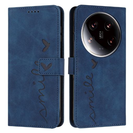 Xiaomi 14 Ultra Blue Leather Phone Case with Heart Emboss & Lanyard - 1