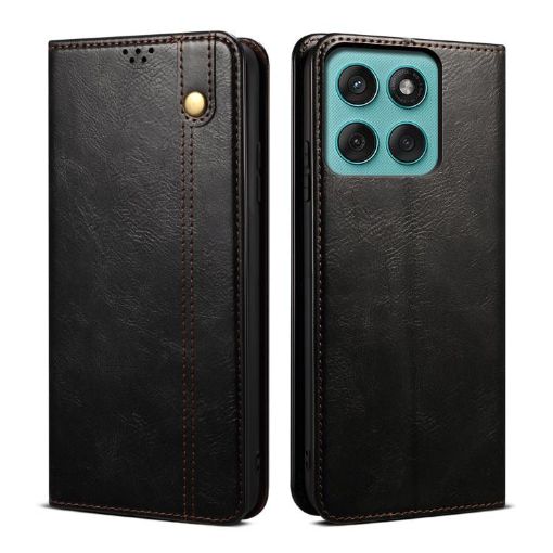 Motorola Edge 60 Leather Phone Case - Oil Wax Crazy Horse Texture (Black) - 1