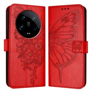 Xiaomi 14 Ultra 5G Red Embossed Butterfly Leather Phone Case Global - 1