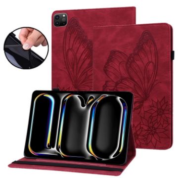 iPad Pro 13 2024 Red Butterfly Embossed Leather Tablet Case - 1