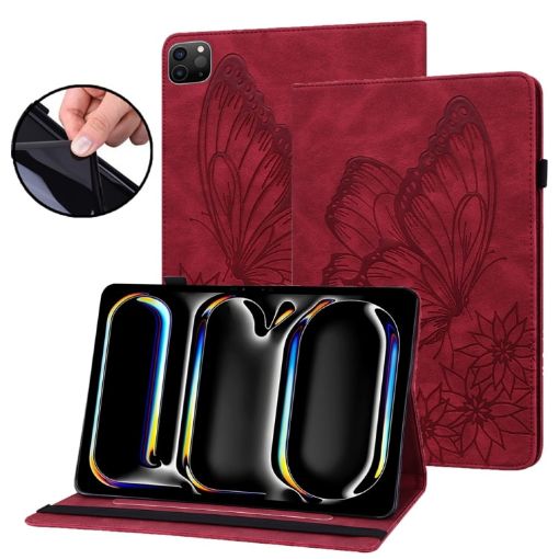 iPad Pro 13 2024 Red Butterfly Embossed Leather Tablet Case - 1