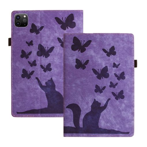 iPad Pro 13 2024 Purple Butterfly Cat Embossed Leather Tablet Case - 1