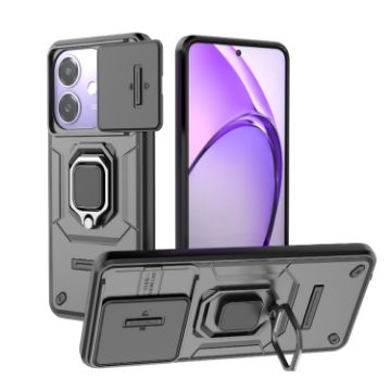 OPPO A3X 5G Shockproof Phone Case with Holder - Black Camshield TPU+PC - 1