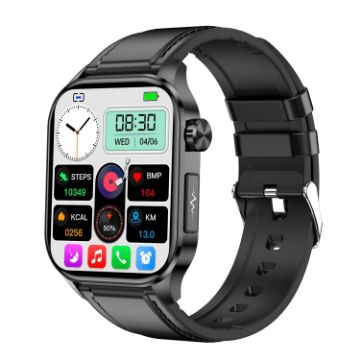 ET580 Sports Smart Watch: 2.04" AMOLED, Bluetooth Call, ECG, Black Leather - 1