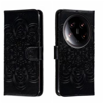 Xiaomi 14 Ultra Black Leather Case - Sun Mandala Embossing Pattern - 1
