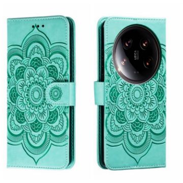 Xiaomi 14 Ultra Green Sun Mandala Embossed Leather Phone Case - 1