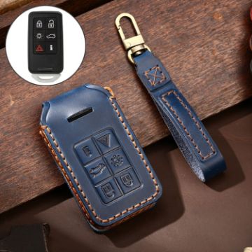 Volvo 6-Button Key Case - Blue Cowhide Leather Protective Cover - 1