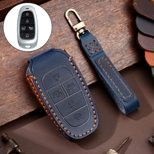 Hyundai 5-Button Key Case - Blue Cowhide Leather Protective Cover - 1