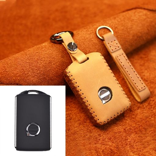 Volvo Car Cowhide Leather Key Cover - Single Slit Style (Brown) - 1