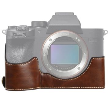 PU Leather Camera Half Case Base for Sony A7R IV - 1/4" Thread (Coffee) - 1