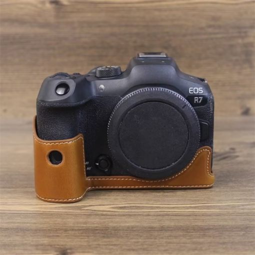 Canon EOS R7 PU Leather Camera Half Case Base, 1/4" Thread, Brown - 1
