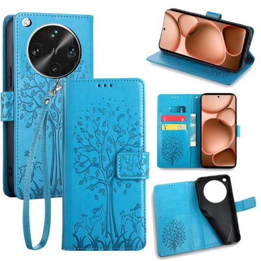OPPO Find X8 Ultra Blue Leather Phone Case - Tree & Deer Embossed Design - 1