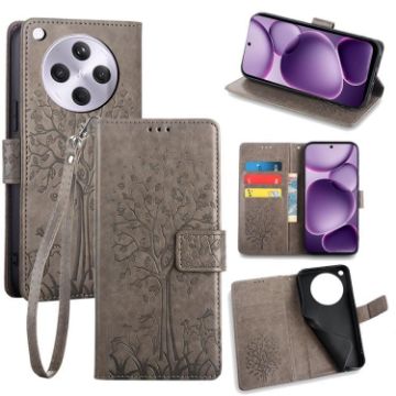 OPPO Find X8s+ Grey Leather Phone Case - Tree & Deer Embossed Design - 1