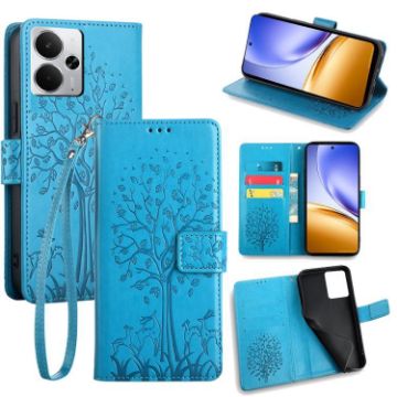 Realme 14 5G Blue Leather Phone Case - Tree & Deer Embossed Design - 1