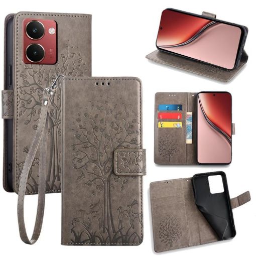 Realme P3 Ultra 5G Grey Leather Phone Case - Tree & Deer Embossed - 1