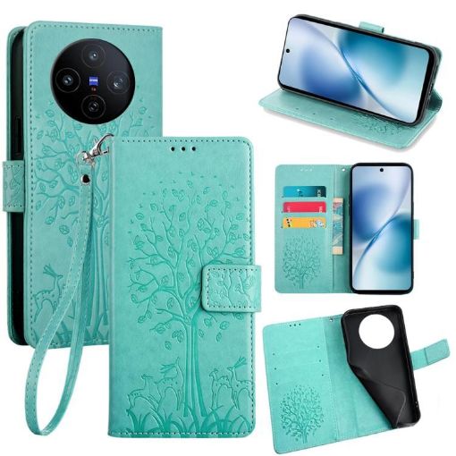 Vivo X200s Green Leather Phone Case - Tree & Deer Embossed Design - 1