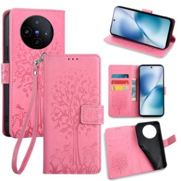 Vivo X200s Pink Leather Phone Case - Tree & Deer Embossed Design - 1