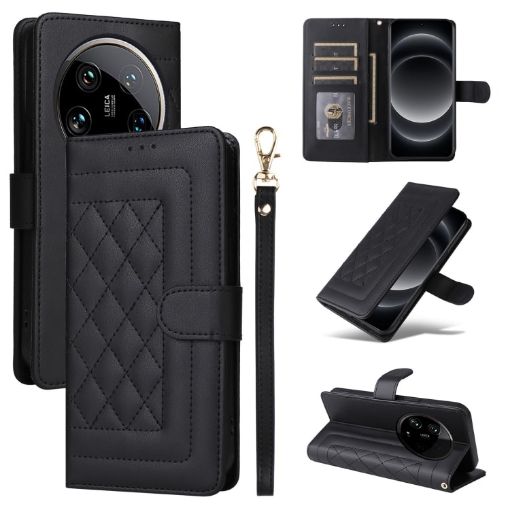 Xiaomi 14 Ultra Black Diamond Lattice Leather Flip Phone Case - 1