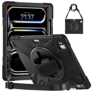iPad Pro 13 2024 Rotatable Holder Silicone PC Case with Strap (Black) - 1