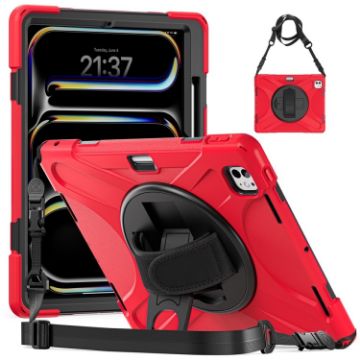 iPad Pro 13 2024 Rotatable Holder Silicone PC Case with Strap - Red - 1