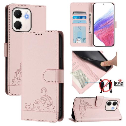 OPPO A5x 4G/5G Cat Rat Embossed RFID Leather Phone Case with Lanyard Pink - 1