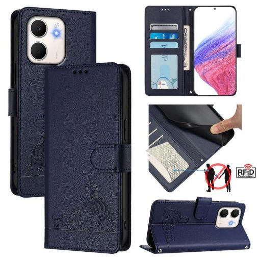OPPO A5x 4G/5G Cat Rat Embossed RFID Leather Phone Case with Lanyard - 1
