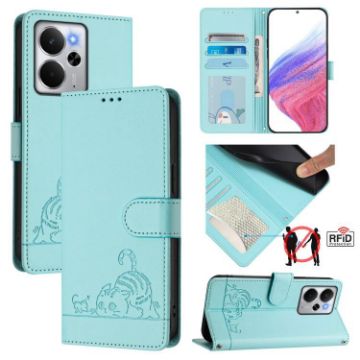 Realme 14 5G/P3 5G India Cat Rat Embossed RFID Leather Case Mint Green - 1