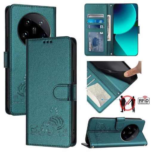 Xiaomi 14 Ultra 5G Peacock Green RFID Leather Case with Lanyard - 1