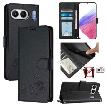 OnePlus Nord 4 5G Black Cat Rat Embossed RFID Leather Case with Lanyard - 1