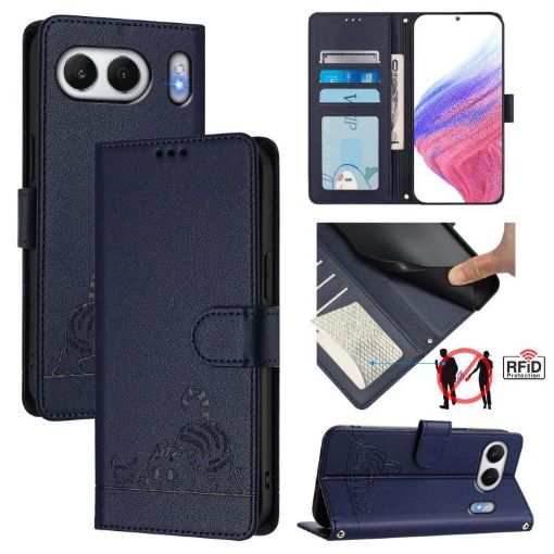 OnePlus Nord 4 5G Blue RFID Leather Case with Cat Rat Pattern & Lanyard - 1