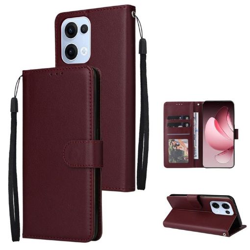 OPPO Reno13 5G Leather Phone Case, 3-Card Slots, Wine Red, Global - 1